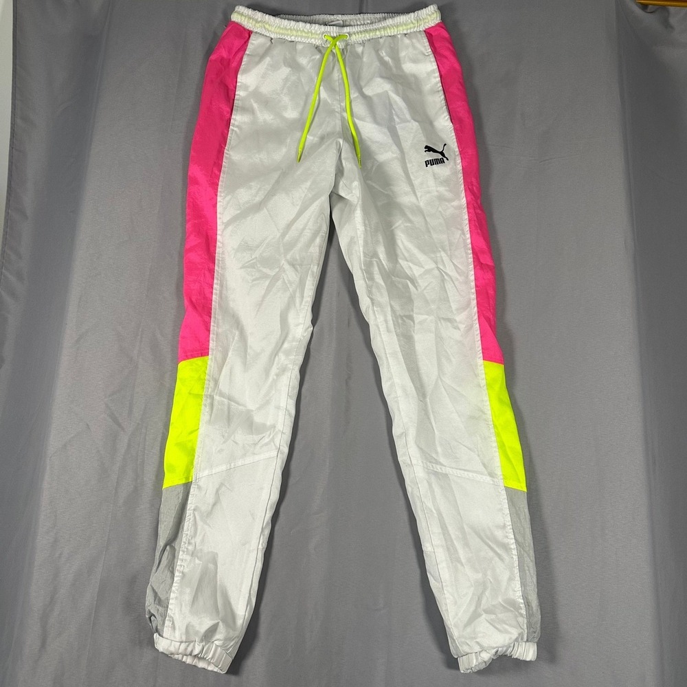 Puma Tailored For Sport Track Pants White Pink Neon Yellow XS Joggers TFS Womens